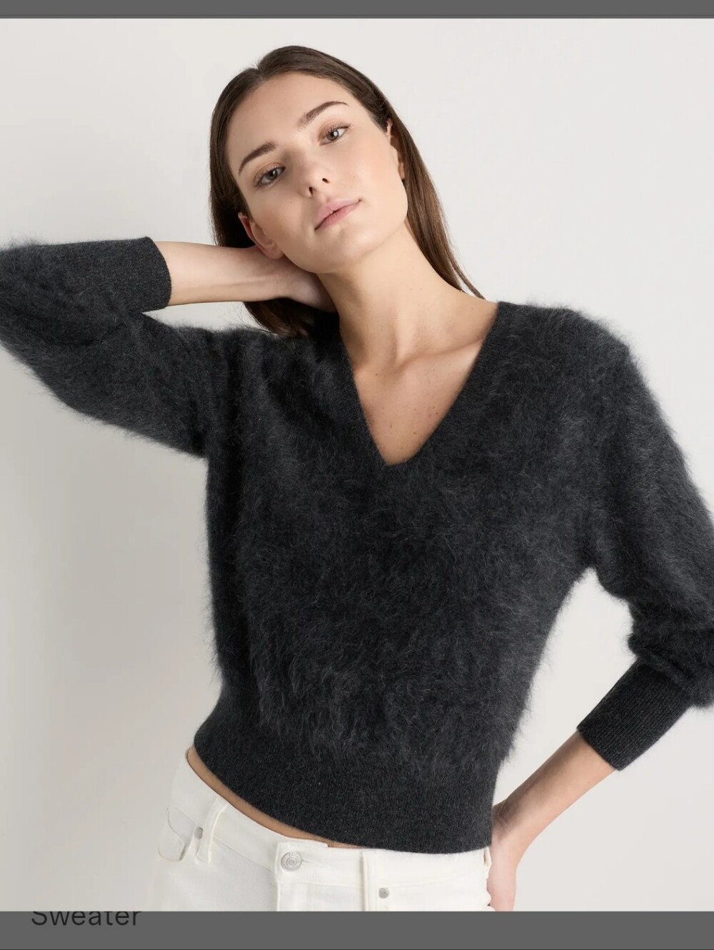 Quince Women's Charcoal V-Neck Fluffy Brushed Cashmere Shrunken Sweater NWT XL